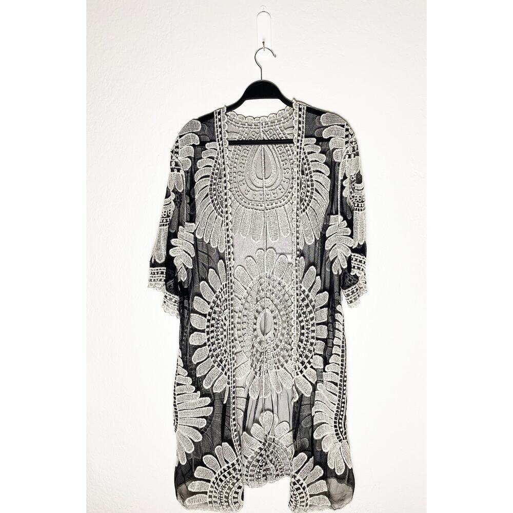 Women's Black Boho Lace‎ Kimono Duster White Embroidered Floral Open Front Sheer